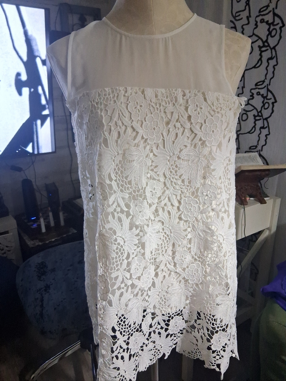 Cremieux White Floral Lace Sleeveless Mini Tunic Top S